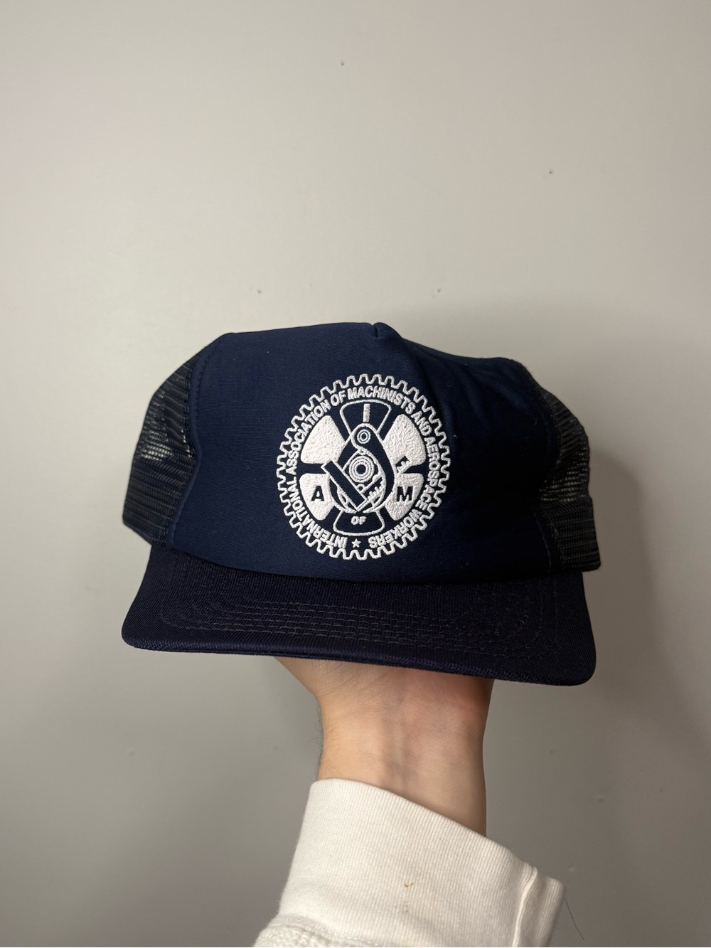 80’s Navy Mesh Trucker Hat with White Machinists Gear Logo